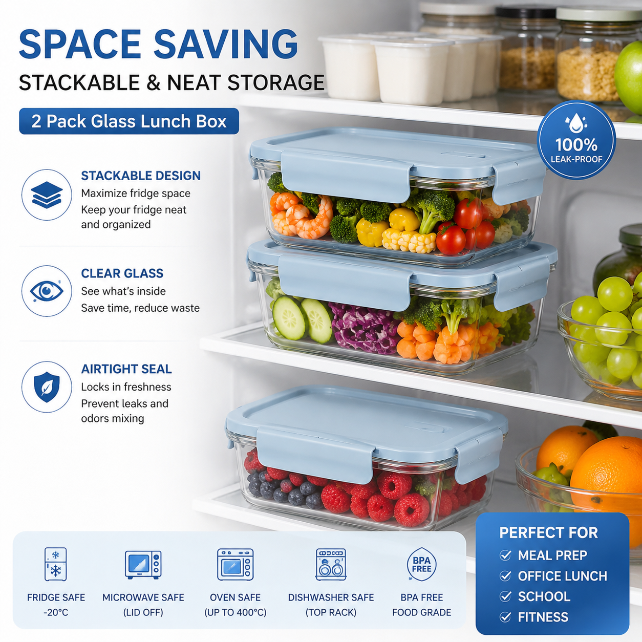 Food Storage Prep Containers - 2 Pack Glass Meal Prep Containers