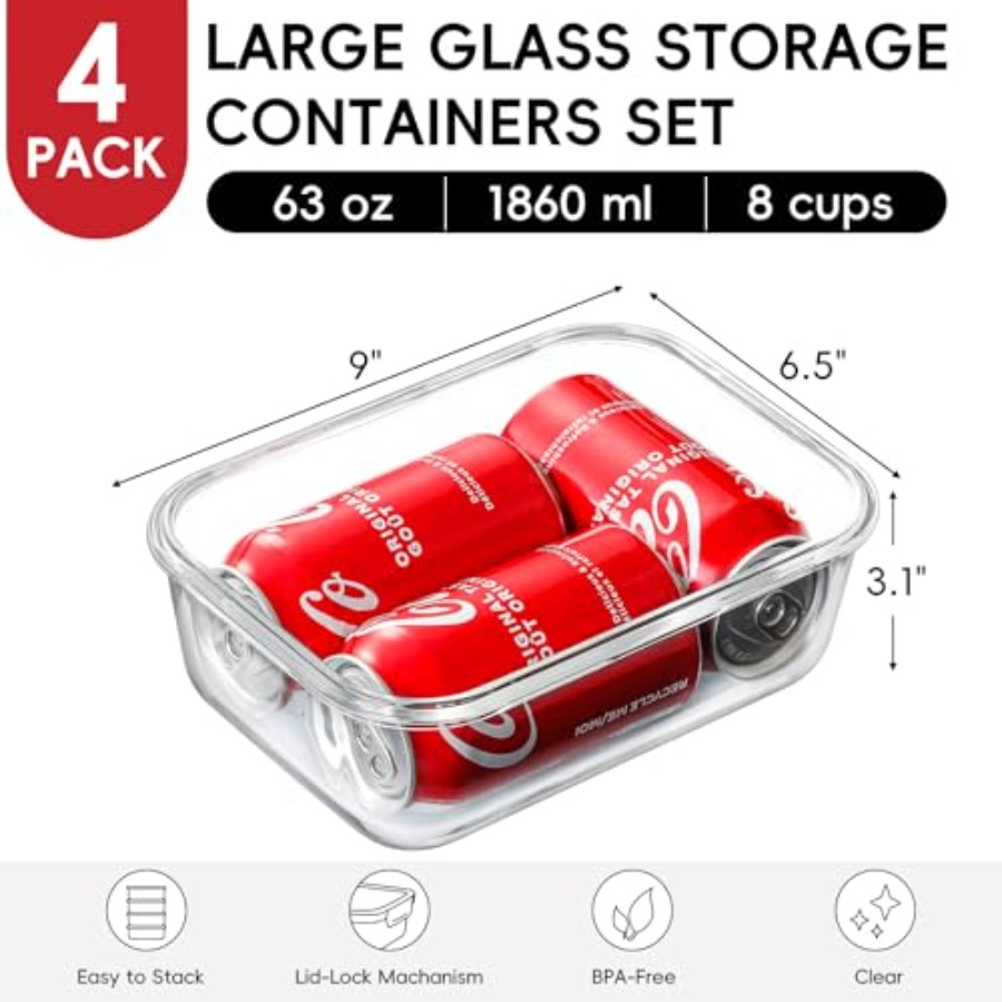 4 Pack 8 Cups/ 63oz Large Glas - Food Storage Prep Containers 리뷰 및 가격